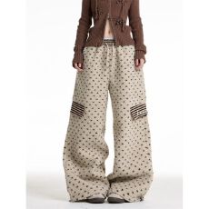 批发【原版布料】冬季羊羔毛棉裤条纹五角星贴布绣宽松保暖毛绒阔腿裤