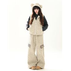 批发【原版布料】冬季羊羔毛棉裤条纹五角星贴布绣宽松保暖毛绒阔腿裤