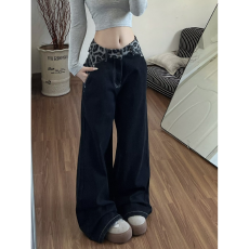 批发设计感腰头拼接豹纹牛仔裤裤子女新款直筒裤阔腿裤