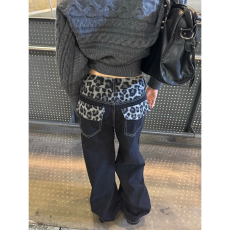 批发美式水洗原牛黑豹纹拼接口袋直筒牛仔裤男女街头百搭宽松拖地<b class='q'>长裤</b>