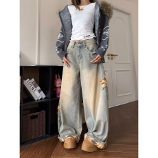 批发迷彩星星贴布拼接牛仔裤男女潮牌美式水洗做旧垂感阔腿拖地<b class='q'>长裤</b>子