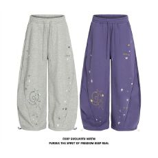 批发【纯棉复合】美式复古星星解构弯刀休闲<b class='q'>裤</b>女宽松保暖爵士舞阔腿<b class='q'>裤</b>