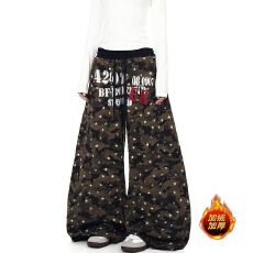 批发【纯棉复绒】美式复古加绒<b class='q'>印花</b>迷彩弯刀休闲<b class='q'>裤</b>女宽松阔腿抽绳长<b class='q'>裤</b>
