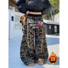 批发【纯棉复绒】美式复古加绒<b class='q'>印花</b>迷彩弯刀休闲<b class='q'>裤</b>女宽松阔腿抽绳长<b class='q'>裤</b>