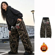 批发【纯棉复绒】美式复古加绒<b class='q'>印花</b>迷彩弯刀休闲<b class='q'>裤</b>女宽松阔腿抽绳长<b class='q'>裤</b>