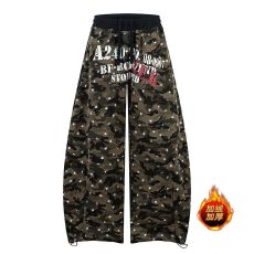 批发【纯棉复绒】美式复古加绒<b class='q'>印花</b>迷彩弯刀休闲<b class='q'>裤</b>女宽松阔腿抽绳长<b class='q'>裤</b>