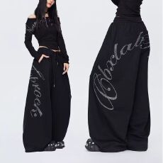 批发【华棉复合】美式<b class='q'>嘻哈</b>风重磅烫钻黑色<b class='q'>阔腿裤</b>女街舞个性宽松休闲<b class='q'>裤</b>