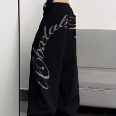 批发【华棉复合】美式<b class='q'>嘻哈</b>风重磅烫钻黑色<b class='q'>阔腿裤</b>女街舞个性宽松休闲<b class='q'>裤</b>