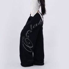 批发【华棉复合】美式<b class='q'>嘻哈</b>风重磅烫钻黑色<b class='q'>阔腿裤</b>女街舞个性宽松休闲<b class='q'>裤</b>