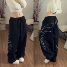 批发【华棉复合】美式<b class='q'>嘻哈</b>风重磅烫钻黑色<b class='q'>阔腿裤</b>女街舞个性宽松休闲<b class='q'>裤</b>