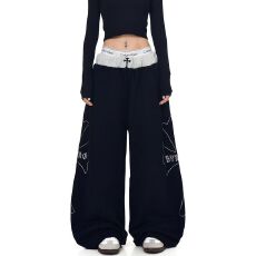批发【纯棉复合】重工十字架烫钻拼接刺绣<b class='q'>运动</b>裤女街头休闲阔腿裤