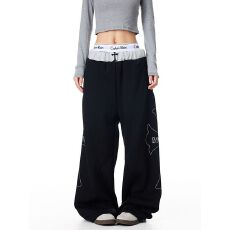 批发【纯棉复合】重工十字架烫钻拼接刺绣<b class='q'>运动</b>裤女街头休闲阔腿裤