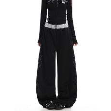 批发【纯棉复合】重工十字架烫钻拼接刺绣<b class='q'>运动</b>裤女街头休闲阔腿裤