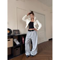 批发【纯棉复合】重工十字架烫钻拼接刺绣<b class='q'>运动</b>裤女街头休闲阔腿裤