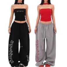 批发原版做法烫钻美式复古字母烫钻运动女爵士舞宽松直筒阔腿<b class='q'>长裤</b>