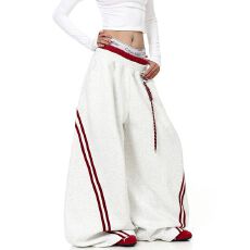 批发【配挂饰】美式复古条纹拼接撞色双腰头弯刀卫裤<b class='q'>男</b>女爵士舞阔腿裤