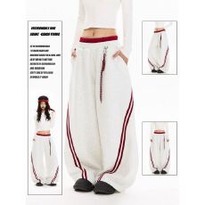 批发【配挂饰】美式复古条纹拼接撞色双腰头弯刀卫裤<b class='q'>男</b>女爵士舞阔腿裤