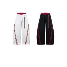 批发【配挂饰】美式复古条纹拼接撞色双腰头弯刀卫裤<b class='q'>男</b>女爵士舞阔腿裤