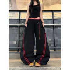 批发【配挂饰】美式复古条纹拼接撞色双腰头弯刀卫裤<b class='q'>男</b>女爵士舞阔腿裤