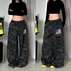 批发美式复古迷彩阔腿裤女街头宽松高腰百搭长裤松弛感爵士街舞<b class='q'>运动</b>裤