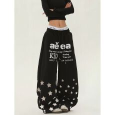 原版做法美式复古刺绣星星字母印花休闲卫裤男女直筒阔腿长裤