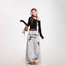 批发【原版做法】贴布拼接弯刀运动裤<b class='q'>女</b>宽松裤设计感豹纹爵士舞拖地裤