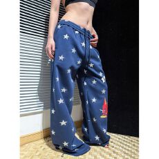 批发【原版质量】城市星星印花直筒<b class='q'>休闲裤</b>男女宽松阔腿设计感抽绳卫裤