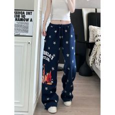批发美式街头城市星星印花直筒<b class='q'>休闲裤</b>男女宽松阔腿设计感百搭抽绳卫裤