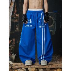 美式双腰头撞色条纹褶皱速干休闲伞兵裤男女潮牌跳舞宽松阔腿裤