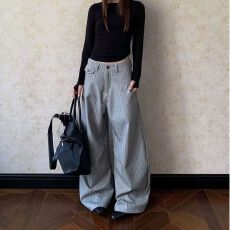 原版质量工艺老钱风条纹西裤男女垂坠感宽松裤弯刀休闲西装裤