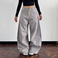 批发【原版质量工艺】老钱风条纹西裤男<b class='q'>女</b>垂坠感宽松裤弯刀休闲<b class='q'>西装裤</b>