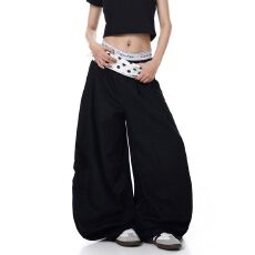 批发甜酷波点拼接伞兵裤子女宽松直筒工装裤阔腿裤休闲<b class='q'>运动</b>长裤