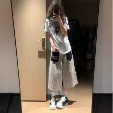 批发美式豹纹贴布口袋七分牛仔裤<b class='q'>女</b>男夏季宽松直筒中裤休闲百搭阔腿<b class='q'>裤</b>