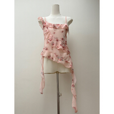 批发有货 碎花不规则荷叶边吊带收腰修身<b class='q'>无袖</b><b class='q'>雪纺</b><b class='q'>上衣</b>