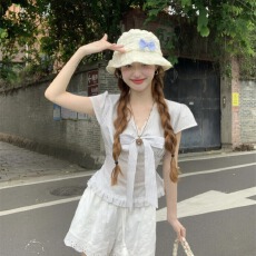 批发法式蝴蝶结蕾丝花边条纹<b class='q'>衬衫</b>女2025年夏季新款高级感显瘦短袖上衣