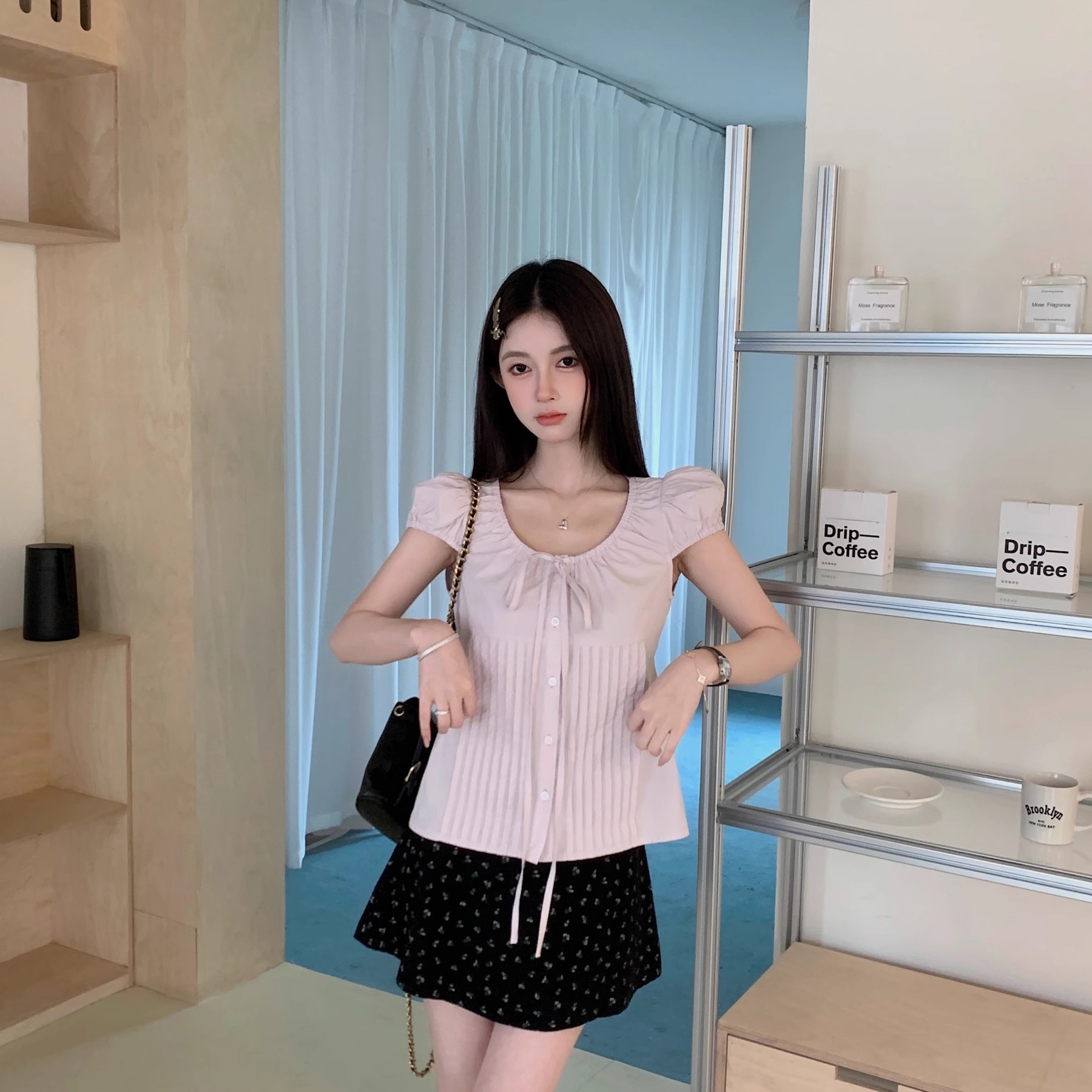 MY11462# 新款系带泡泡袖短袖单排扣衬衫夏薄款直筒显瘦上衣女女裝貨源服裝批發