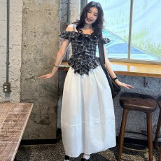 批发纯欲风气质格纹一字领露肩衬衫女夏季新款设计感短款<b class='q'>百搭</b>休闲上衣