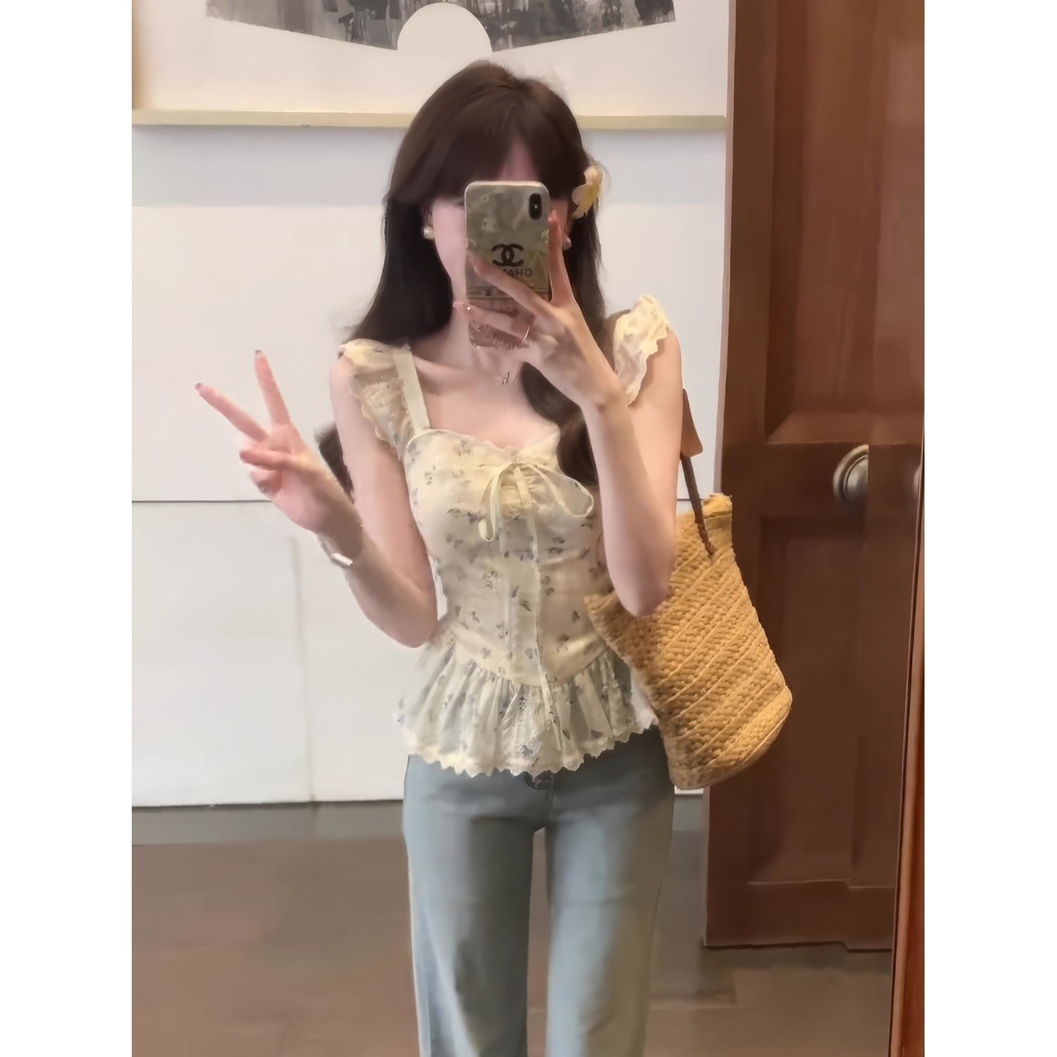 프랑스식 품격 꽃무늬 광장 칼라 작은 날다 소매 여성 셔츠 여름 디자인 센스 허리 수축 품격 셔츠 프릴 맨위