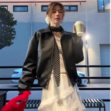 批发美式复古黑色皮衣外套女春季新款高级感拉链短款机车服pu皮夹克潮