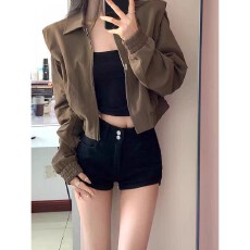 批发秋季女装棕色美式复古短款外套<b class='q'>新款</b>女美拉德穿搭休闲<b class='q'>夹克</b>春秋