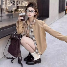 批发2025春秋新款东京日落卡其色格子<b class='q'>风衣</b>夹克外套女短款法式气质上衣