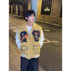 批发拼接撞色刺绣夹克男款美式复古高级感痞帅上衣小众设计感炸街外套