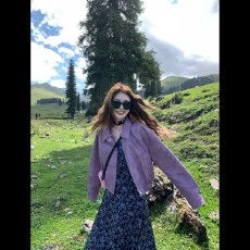 批发美式大码紫色夹克外套早秋短款女小个子韩版气质碎花<b class='q'>连衣裙</b>两件套