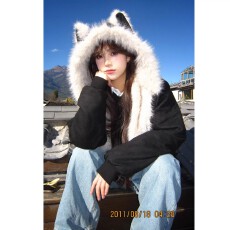 批发国潮兔耳连帽座山雕毛毛领短外套男女秋冬宽松加厚毛绒保暖棉服