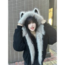 批发美式复古猫耳朵座山雕外套男女款冬季加厚毛领连帽棉服<b class='q'>情侣装</b>棉衣