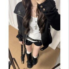 批发美式复古黑色翻领短款外套女2025秋季设计感小个子宽松夹克上衣潮