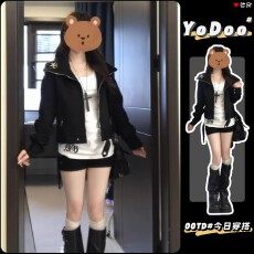 批发美式辣妹黑色短款外套女秋冬新款修身高级感立领工装夹克长袖上衣