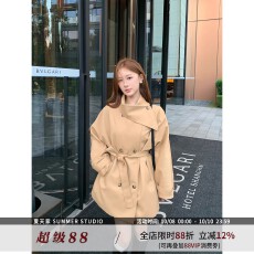 批发2026英伦风<b class='q'>双排扣</b>围脖领收腰中长款<b class='q'>风衣</b>外套女短款小个子早秋季