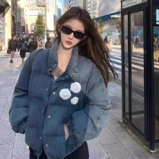 批发蓝色<b class='q'>牛仔</b>棉衣棉服外套女2025新款冬季加厚小个子短款立领面包服