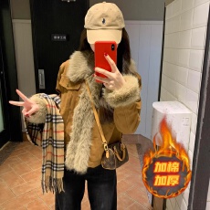 批发牛仔外套女款秋冬加厚短款高级感棕色美拉德上衣拼接毛毛外套棉服